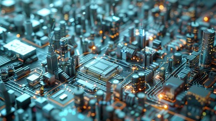Poster - A close-up shot of a smart city's intricate network of sensors, microchips, and antennas, highlighting the invisible infrastructure that powers its connectedness.