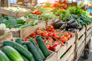 Wall Mural - Fresh vegetables in wooden boxes at the farmers market