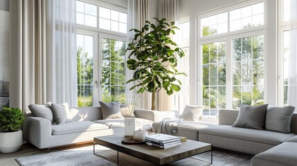 Wall Mural - Light-colored living room interior with large window, coffee table, and comfortable grey sofas