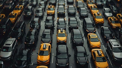 Poster - A lots of black cars in traffic, with yellow car looking like a taxi, stuck in the traffic. Aerial view. Generative AI.