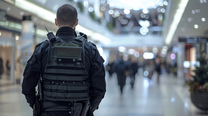 security guard in black uniform with bulletproof vest in shopping mall, cinematic shot