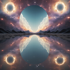 universe of stars, planets, and galaxy in a dreamlike mirror surreal cosmic reflection