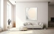 © your_inspiration - Living room interior design. Minimalistic style art studio space mockup. Huge white framed blank art canvas on large wall in minimal room. Soft day light. Gallery, exhibition, exposure. AI Generative.