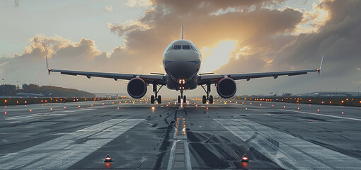 Poster - An airplane landing on the runway with flaps extended and wheels down. Generative AI.
