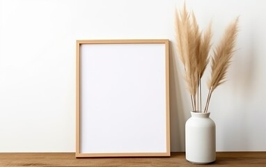 Wall Mural - Minimalistic design. Mock up poster frame, vase with dry pampas grass in vase on wooden shelf and white wall background. Natural concept. Clay, glass, paper and wood. AI Generative.