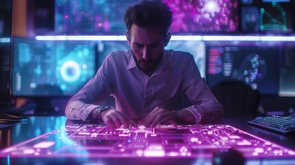 Canvas Print - A graphic designer man is designing and creating in holograms, he creates a technological design, the holograms have a neon purple color, the background is minimalist. Generative AI.
