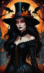 Wall Mural - Black-haired evil Girl demon in black dress. Long hair flutters in black top hat, Dark dense deep autumn scary indoor castle background.