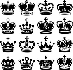 Crown King mega icon set vector illustration. King, queen tiara, princess diadem in style of hand-drawn black doodle on white background. Collection of the crown silhouette.