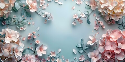 Sticker - Luxury 3D floral wallpaper with delicate hydrangea and rose flowers in pastel colors. Concept Floral Decor, Luxury Wallpaper, 3D Effect, Hydrangea Flowers, Rose Flowers, Pastel Colors