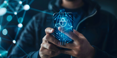 Poster - Cybersecurity and privacy concepts to protect data. Businesses use smartphones with cyber security technology for protecting personal data and secure internet access design
