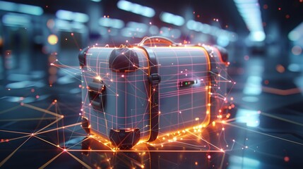 Leinwandbilder - Polygon suitcase, highlighted with connected triangles, bright connecting lines. Generative AI.
