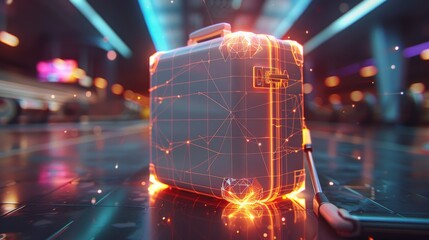 Leinwandbilder - Polygon suitcase, highlighted with connected triangles, bright connecting lines. Generative AI.