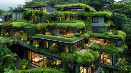 Eco-friendly buildings with green roofs and walls, integrating nature into urban architecture for a sustainable future ecology