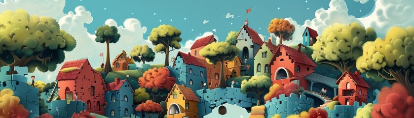 A digital illustration of a whimsical world where the houses and trees are all shaped like puzzle pieces