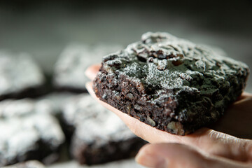 Wall Mural - Chocolate brownies on a dark background