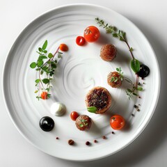 Wall Mural - Top view of a beautifully styled dish prepared according to a recipe presented with precision and attention to detail on a white plate. The ingredients neatly arranged. Generative AI.