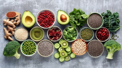 Wall Mural - Assorted superfoods and fresh vegetables on a concrete background. Bowls of chia seeds, pomegranate, and avocado are included. Ideal for a healthy living blog.
