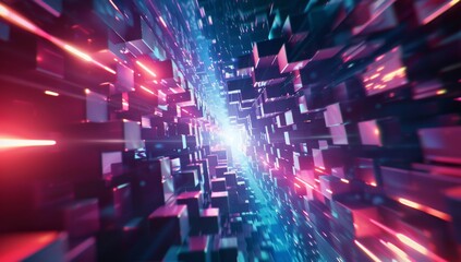 Abstract background with red and blue rays of light shining through cubical elements, creating an atmosphere of digital technology or futuristic space exploration.