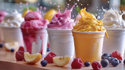 Poster - Close up various delicious cup of ice cream on wooden table with splash of fruit juice. Generative AI.
