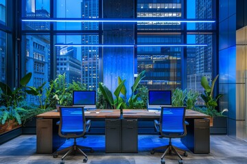 Office space with blue lighting, featuring two desks and chairs arranged in an open layout. The desks are equipped with metal frames, wood panels on the front of each chair for comfort.