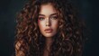 © MD Media - Beautiful woman with long curly hair posing on a dark background, portrait of a beautiful young girl with a perfect salon hairstyle and makeup, healthy brown hair, trendy model with voluminous curls