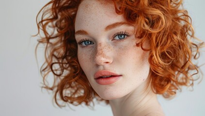 Wall Mural - Beautiful young red head redhead woman with flawless skin. Portrait of a model wearing natural nude makeup and stroking her face. Spa, skincare, and wellbeing. Close up. On a pure white background