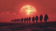 © 18042011 - A group of silhouetted figures marches against a vivid red sunset, depicting a poignant journey towards an uncertain future