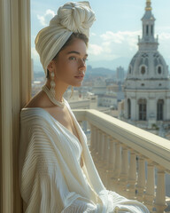 Poster - Model with white towel in her hair, long white shirt and luxury jewelry looking out onto the balcony of a white marble building overlooking City. Generative AI.