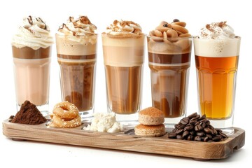 Sticker - Assorted gourmet lattes with whipped cream and toppings, presented on a wooden board in a stylish coffee shop