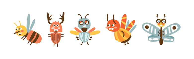 Wall Mural - Funny Insect Character with Cute Smiling Face Vector Set