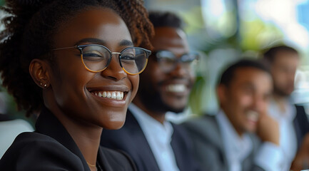 Poster - Black professional high level executives smiling having a business meeting, women and men working at height business office. Generative AI.