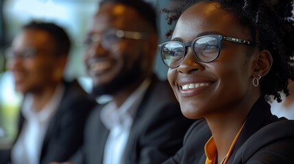 Poster - Black professional high level executives smiling having a business meeting, women and men working at height business office. Generative AI.
