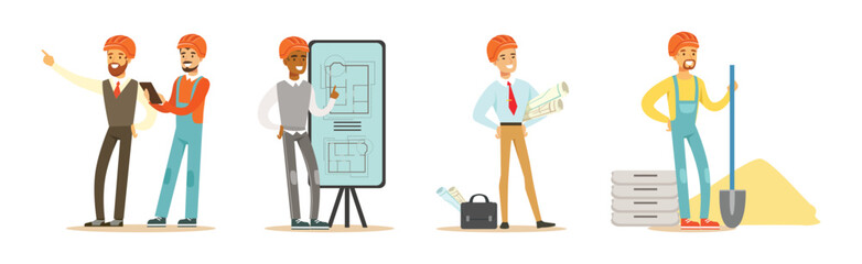 Sticker - Man Builder and Engineer Character in Hard Hat Vector Set