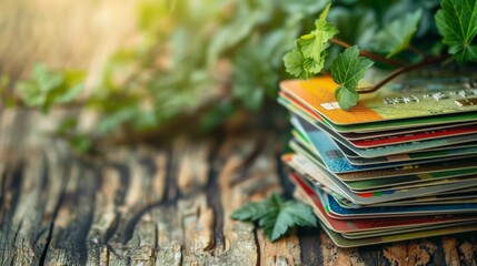 A stack of colorful credit cards is placed on a wooden surface with green leaves in the background. This peaceful, nature-inspired setting evokes thoughts of sustainable