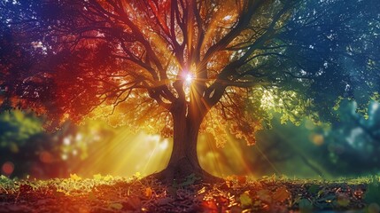 A rainbow colored tree with prismatic leaves under a hot sun. Summer in a religious land. Generative AI.