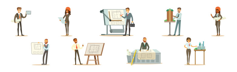 Wall Mural - Man and Woman Architect Character and Construction Engineer Worker Vector Set