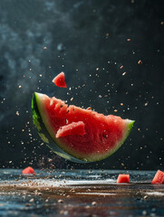 Wall Mural - a delicious looking slice of watermelon falling, food photography, 