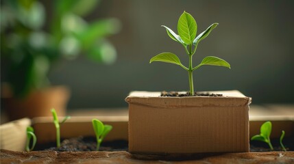 Aufkleber - Elegant cardboard box featuring a sprouting plant, simple background. Generative AI.