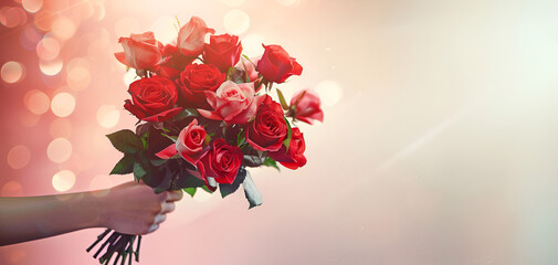 The hand holding wonderful bouquet of rad flowers for other celebrations with bokeh in the background