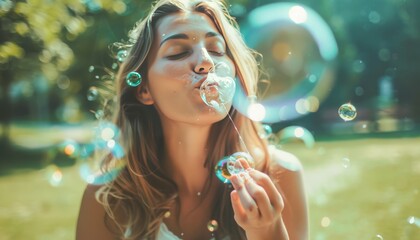 Wall Mural - Summer Fun: A Millennial Woman's Joyful Afternoon of Blowing Soap Bubbles at the Park