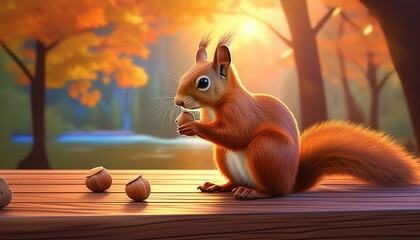 Wall Mural - scoiattolo su tavolo di legno al parco che mangia una nocciola