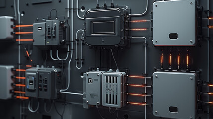 Aufkleber - The multiple battery boxes connected to an inverter charger and power with wires leading from them. The setting is dark grey on black background. Generative AI.