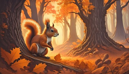 Wall Mural - scoiattolo in primo piano in una foresta autunnale
