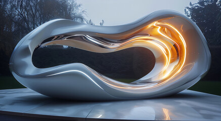 Poster - Futuristic modern decoration, LED-lit sculptures, smooth curves, transparent materials, high-tech design. Generative AI.