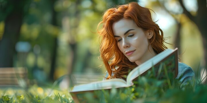 Caucasian businesswoman with red hair relaxes in the park reading a book. Concept Nature Backgrounds, Relaxing Activities, Book Reading, Professional Appearance, White-collar Lifestyle