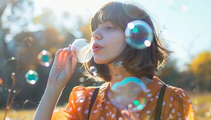 Wall Mural - Bubbles of Beauty: A Young Woman's Playful Day in the Sun