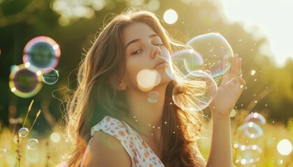 Wall Mural - Bubbling Beauty: A Young Woman's Sunny Day Fun with Soap Bubbles