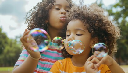 Wall Mural - Bubble Bliss: A Heartwarming Sibling Moment in Matching Stripes