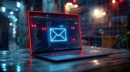 Aufkleber - A modern laptop with an open email interface displaying glowing blue envelopes, matte black finish, minimalistic workspace, angled screen perspective, sleek and modern look. Generative AI.