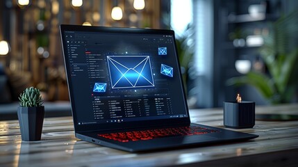 Aufkleber - A modern laptop with an open email interface displaying glowing blue envelopes, matte black finish, minimalistic workspace, angled screen perspective, sleek and modern look. Generative AI.